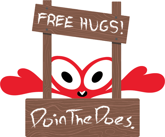 A cartoon red heart with big eyes and outstretched arms peeking out of a wooden booth, with a sign above reading "FREE HUGS!" and "Doin The Does." written on the counter