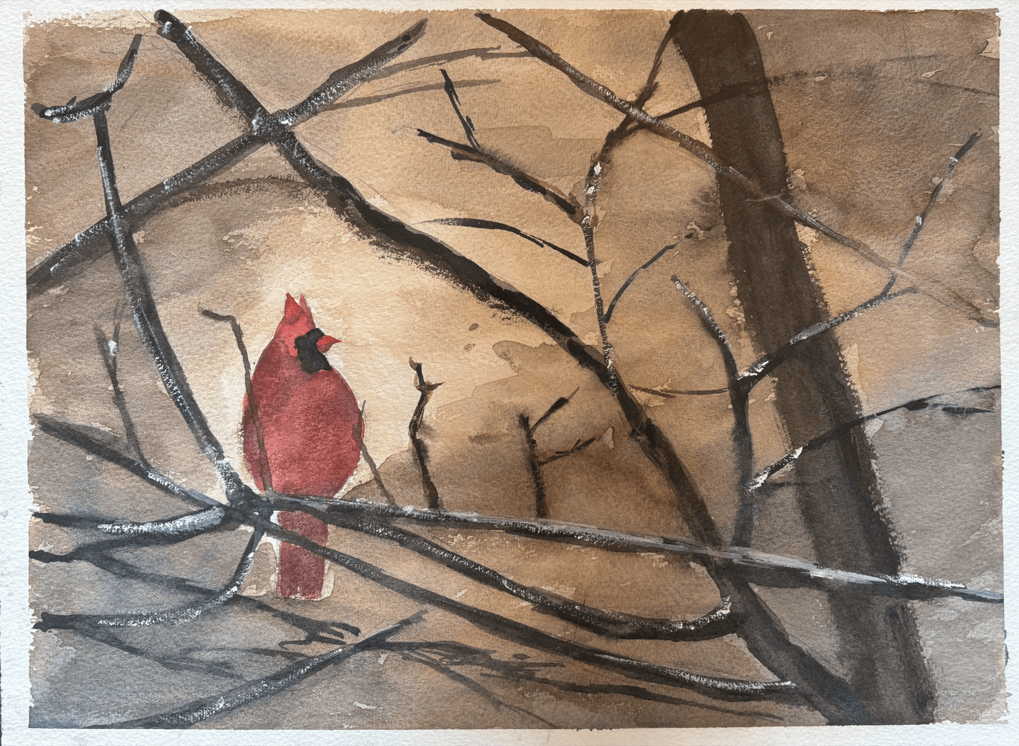 A watercolor painting of a red cardinal perched among bare, dark branches against a warm brown background